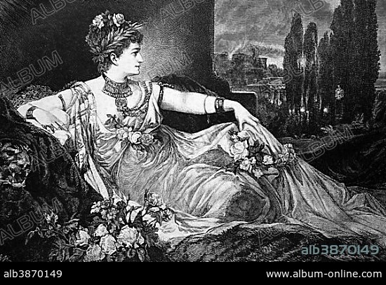 Charlotte Wolter, 1834 - 1897, a celebrated actress, as Messalina, historical wood engraving, 1886.