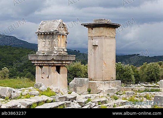 Ancient city of Xanthos, pillar tomb and harpy tomb, Xanthos, Mediterranean Region, Turkey, Asia.