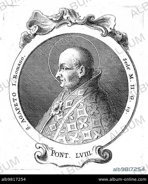Agapitus I; Agapetus or Agapet; in front of 494 until 22 April 536; was Bishop of Rome and thus Pope from 13 May 535 until his death; Historical; digitally restored reproduction from a 19th century original.