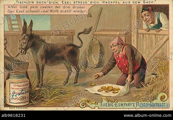 Much gold to the second of the three brothers; the donkey gives; the word steals again; digitally restored reproduction of a public domain collector's picture from c. 1900; Liebig picture series Fairy Tale Tischlein deck dich; Esel streck dich; Knüppel aus dem Sack (1893).