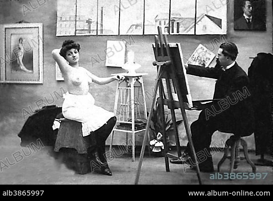 Erotic, nude photo, The painter and his model, 1910s, exact location unknown, Germany, Europe.