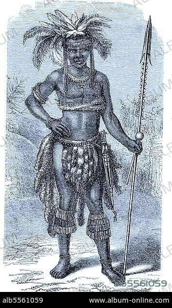 Junger Zulukaffer im Staatsanzug im Jahre 1878, Historisch, digital restaurierte Reproduktion einer Originalvorlage aus dem 19. Jahrhundert, genaues Originaldatum nicht bekannt.
