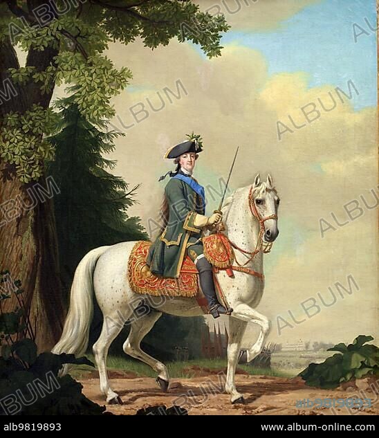 Catherine II; called Catherine the Great; 2 May 1729-17 November 1796; was Empress of Russia and from 1793 Lady of Jever; here in her uniform on the horse Brillante on 28 June 1762; painting by Vigilius Eriksen; Historic; digitally restored reproduction from a 19th century original.