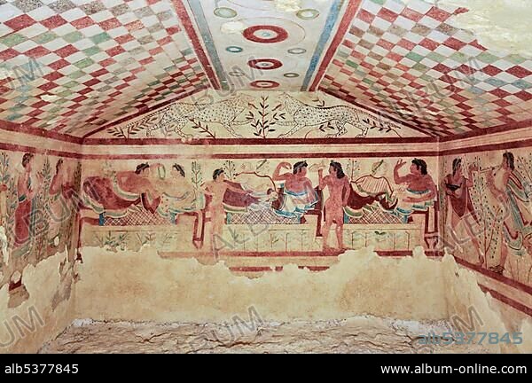 Frescoes, Tomba dei Leopardi, Tomb of the Leopards, one of the Etruscan grave chambers of Monterozzi Necropolis, 6th to 2nd century BC, Tarquinia, Lazio, Italy, Europe.
