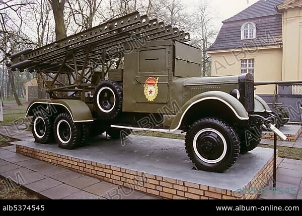 Russian-made Katyusha multiple rocket launcher at a Soviet army barracks, East Germany/GDR, Europe.