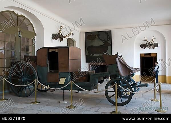 Interior, carriage, moated castle Schloss Moritzburg, near Dresden, Saxony, Germany, Europe.