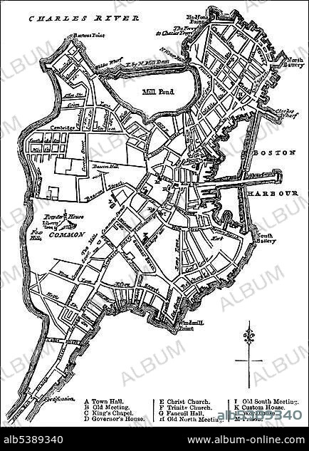 Historical drawing, US-American history, 18th century, map of Boston, Massachusetts, New England, USA, 1777, North America.
