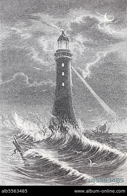 Der Leuchtturm von Eddystone, südlich von Rame Head, England, Großbritannien, Historisch, digital restaurierte Reproduktion einer Originalvorlage aus dem 19. Jahrhundert.