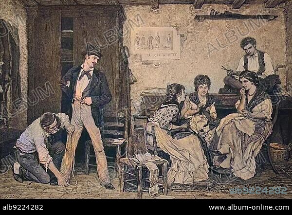 Tailoring in Venice, Italy, Historical, digitally restored reproduction of an original 19th century pattern, Europe.