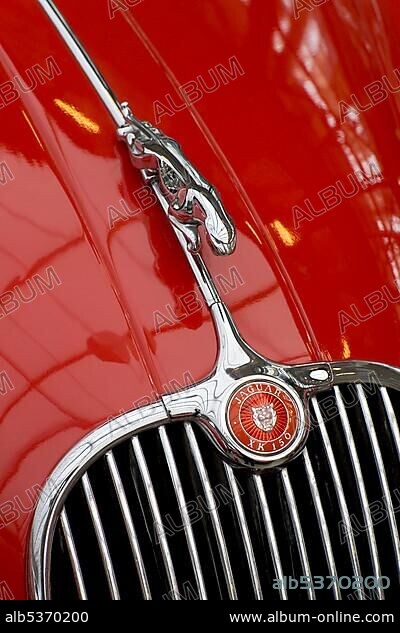 Figure and emblem at the bonnet of a Jaguar XK 150 from 1957.