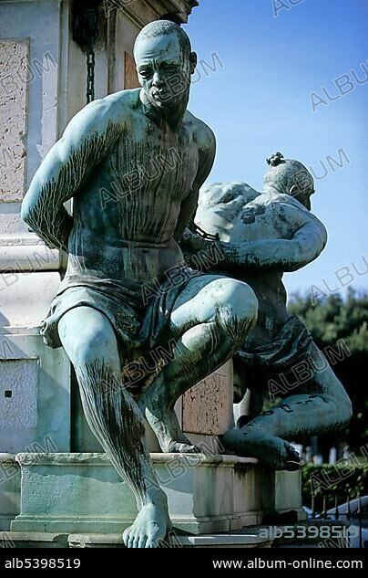 Statues of the Quattro Mori, "Four Moors", on the monument to Ferdinand I, Livorno, Tuscany, Italy, Europe.