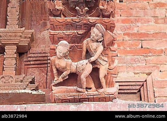Kamasutra sex position depicted at the Jagannath Mandir Temple at Durbar Square in Kathmandu, Nepal, Asia.