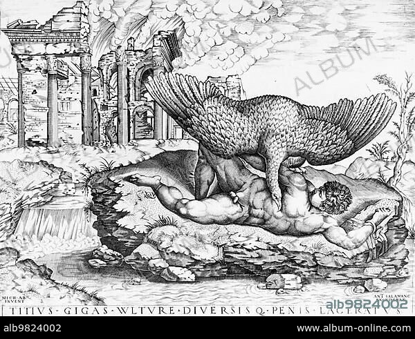 Tityus; Tityo; in Greek mythology an earth-born giant from the island of Euboea; a son of Gaia; by Michelangelo Buonarroti; Historical; digitally restored reproduction from a 19th century original.