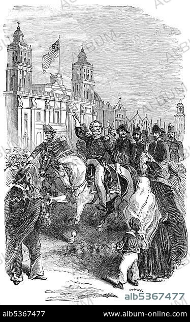 Historical drawing from the U.S. history of the 19th century, the invasion of Mexico City, Mexican-American War, Winfield Scott, 1786 - 1866, an American general, diplomat and politician.