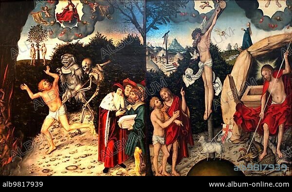 Allegory of Law and Grace; painting by Lucas Cranach the Elder; 4 October 1472; 16 October 1553; one of the most important German painters; graphic artists and letterpress printers of the Renaissance; Historical; digitally restored reproduction of a historical original.