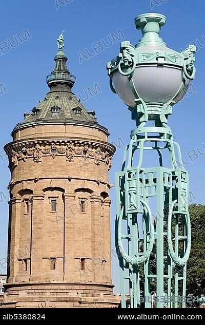 Water tower, Jugendstil candelabra, Mannheim, Baden-Wuerttemberg, Germany, Europe.