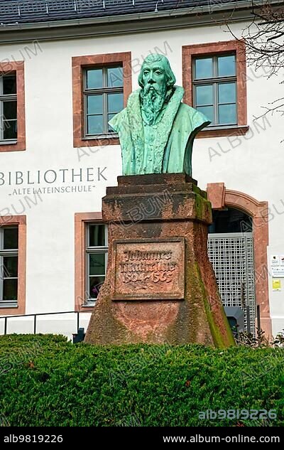 Mathesius Monument; in memory of Johannes Mathesius; companion of Martin Luther; Library Old Latin School; Rochlitz; Saxony; Germany; Europe.
