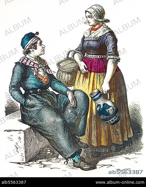 Münchener Bilderbogen, Kostüme, Holland, 19. Jahrhundert, Tracht, junger Mann, Frau, Krug, Korb, Pfeife, zwei Personen, Porträt, historische Illustration 1890.
