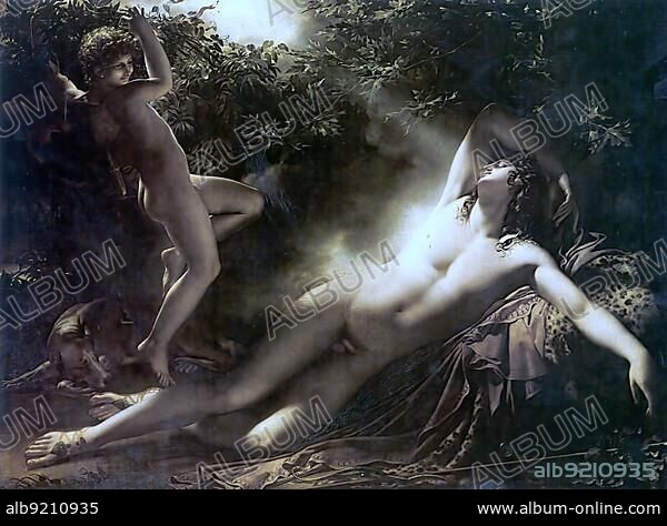 The Sleep of Endymion, painting by Anne-Louis Girodet de Roussy-Trioson, Endymion is the beautiful and eternally youthful lover of the moon goddess Selene in Greek mythology, Historical, digitally restored reproduction of a 19th century original.