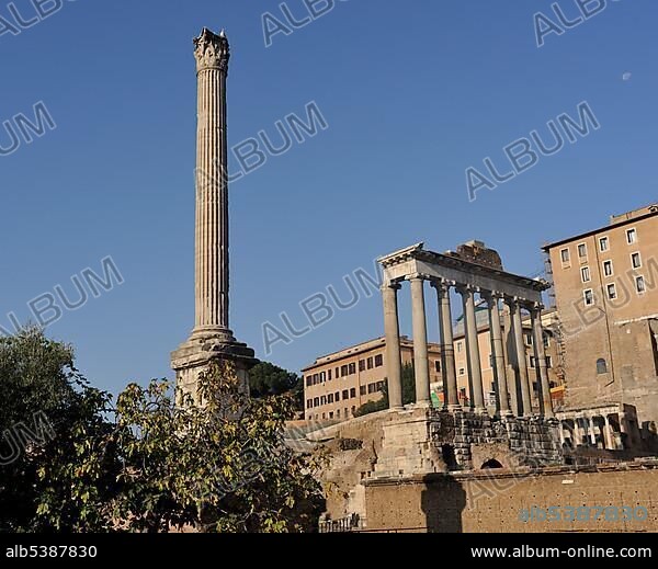 Column of Phocas and columns of the Temple of Saturn in the Roman Forum, Rome, Italy, Europe.