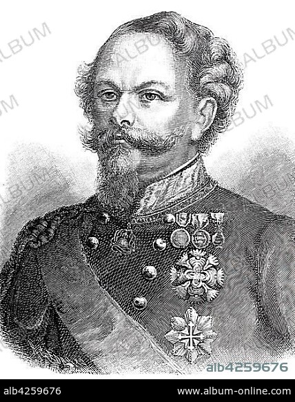 Viktor Emanuel II, full name Vittorio Emanuele Maria Alberto Eugenio Ferdinando Tommaso di Savoia, March 14, 1820, January 9, 1878, was King of Sardinia-Piedmont, woodcut, Italy, Europe.