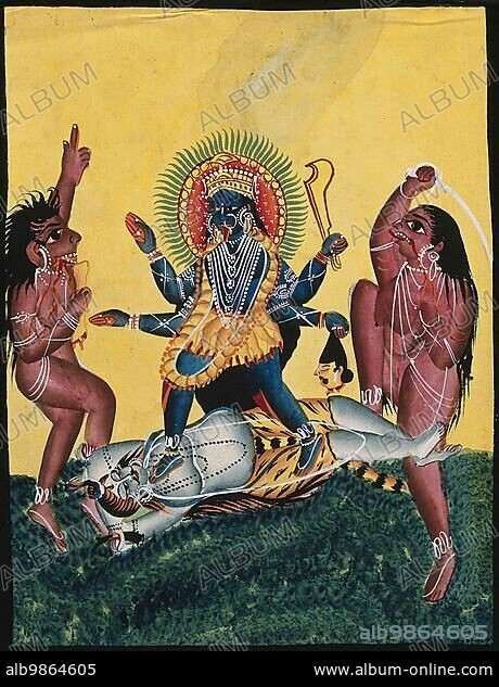 Kali, an important goddess of death in Hinduism, dancing on Siva, 1890, East India, Bengal, Kolkata, Temple Kalighat, Historical, digitally restored reproduction from a 19th century original.