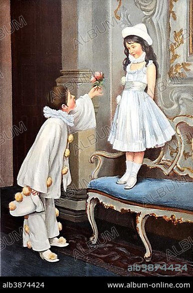 Practice makes perfect ..., gallant young boy offering a flower to a girl, Modern Art in Master Woodcuts, yearbook from 1900.