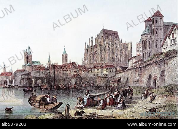 View of Cologne, about 1840, historic cityscape, steel engraving created in the 19th century, North Rhine-Westphalia, Germany, Europe.
