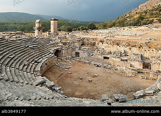Theatre and Lycian tombs, ancient city of Xanthos, UNESCO World Heritage Site, near Fethiye, Antalya Province, Turkey, Asia.