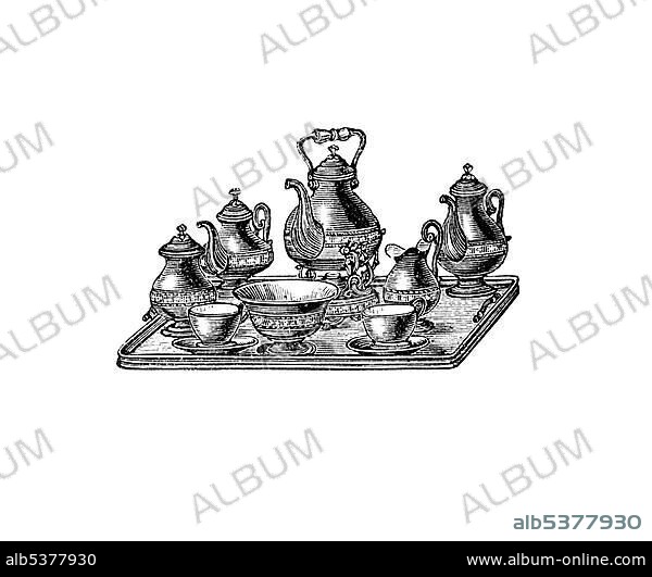 Coffee set, historical illustration of: Marie Adenfeller, Friedrich Werner: Illustrated cooking and housekeeping book, Friedrichshagen 1899-1900, p. 417, Fig 517.