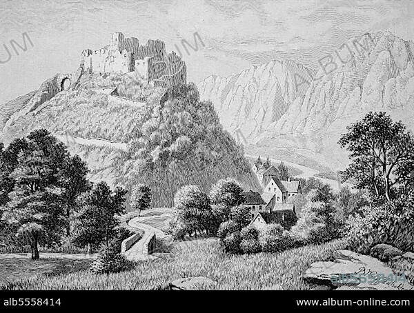 Ruine der Burg Ebernburg, Burg oberhalb der Stadt Bad Münster am Stein-Ebernburg in Rheinland-Pfalz, Historisch, digital restaurierte Reproduktion einer Originalvorlage aus dem 19. Jahrhundert.