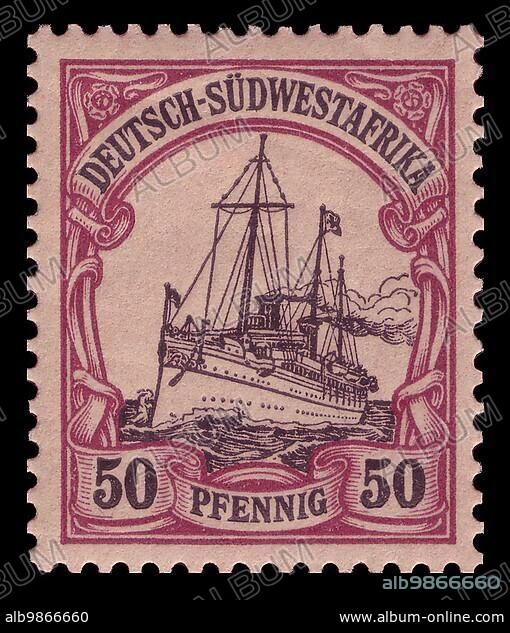 Stamp, Freimarkenserie Kaiseryacht SMS Hohenzollern was a series of stamps of the German Reichspost with the image of the 1892 built imperial yacht Hohenzollern, issued between 1900 and 1919 in the German colonies, here German Southwest Africa, 50 Pfennig, Historic, digitally restored Reproduction.