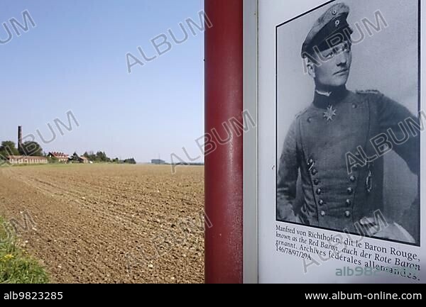 Information panel near the crash site of the Red Baron; the German First World War One ace fighter pilot Manfred von Richthofen at Vaux-sur-Somme; France; Europe.