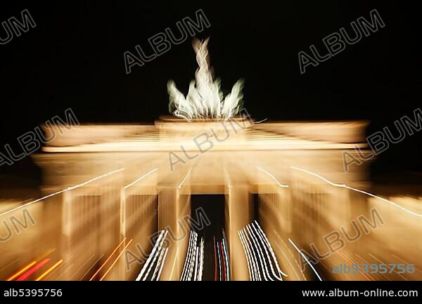 Brandenburg gate (Brandenburger Tor), zoom shot effect at night, Berlin, Germany, Europe.