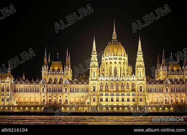 Hungarian Parliament building illumintaed at night in Budapest.