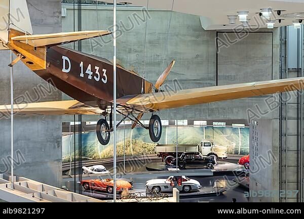 Klemm-Daimler light aircraft L20 (1928); Mercedes Museum; Stuttgarts most visited museum is part of the Mercedes-Benz World in Untertürkheim and with its vehicles and vintage cars recalls the early days of the automobile; Architecture Ben van Berkel; Architekturbüro UNStudio; Stuttgart; Baden-Württemberg; Germany; Europe.