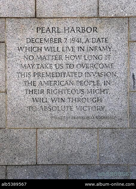 Inscription, excerpt of the Pearl Harbour Speech by Franklin D. Roosevelt, National World War II Memorial, WWII Memorial or Second World War Memorial, Washington DC, District of Columbia, United States of America, PublicGround.