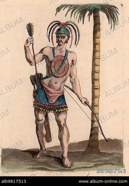 Native American of Florida wearing a colourful leather robe; a neck ornament; a bow; arrows and a hair ornament; Historical; digitally restored reproduction of an original from the period.