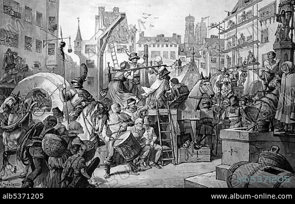 Marienplatz square in Munich, Bavaria, Germany, at the end of the 15th century, historic wood engraving, about 1897, Europe.