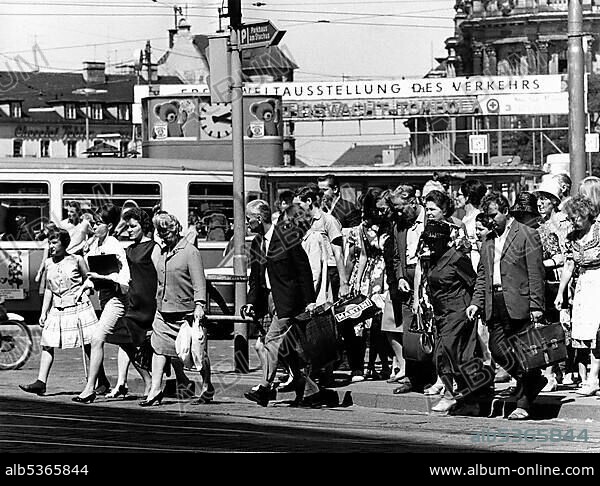 Pedestrian crossing at Stachus Karlsplatz, 1964, Munich, Bavaria, Germany, Europe.