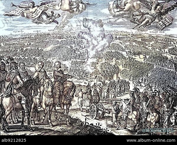 The Battle of Breitenfeld, Battle of Breitenfeld, First Battle of Breitenfeld, Battle of Leipzig, 1631, at the front Gustavus Adolphus, Historical, digitally restored reproduction from a 19th century original.