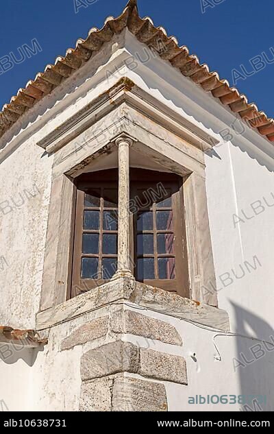 Window balcony and architectural detail of building inside historic walled hilltop village of Monsaraz, Alto Alentejo, Portugal, southern Europe, Europe.