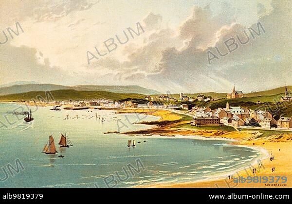 Small town Millport; firth of Clyde; Isle of Cumbrae; mountains; bay; sailing boats; steamer; beach; people; church; sky; clouds; panorama; colour historical illustration 1889; Scotland; Great Britain.