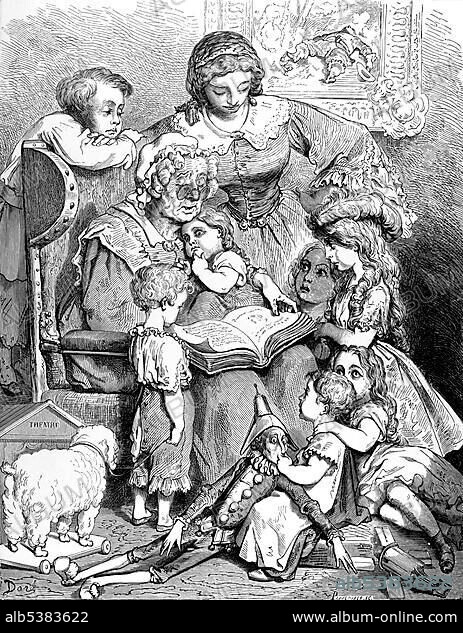 Grandmother reading to children from storybook, illustration from Perrault's fairy tale by Charles Perrault, illustrated by Gustave Dore.