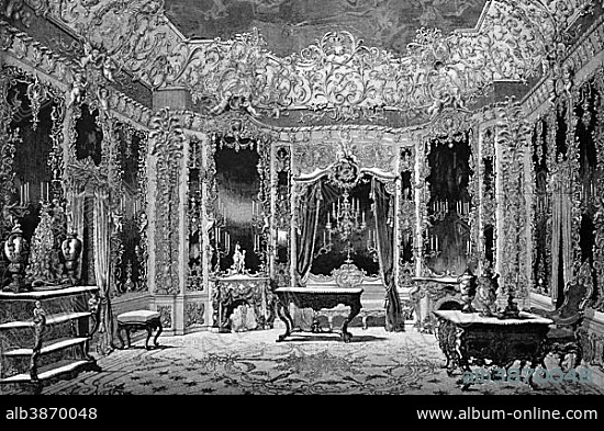 Hall of Mirrors in Schloss Linderhof Palace, Ettal, Bavaria, Germany, historical wood engraving, 1886, Europe.