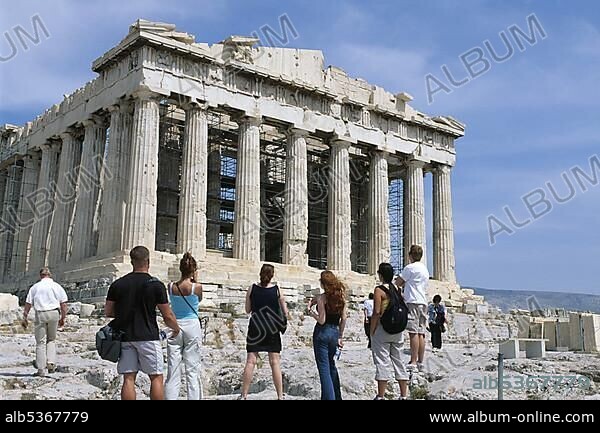 Tourists in front of the Parthenon Temple, Acropolis, Athens, Greece, Europe.