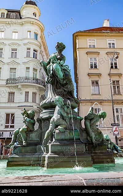 Vienna, Austria, August 9, 2011 : View of famous fountain Donner Brunner in the center of New Market in Vienna, Austria, Europe.