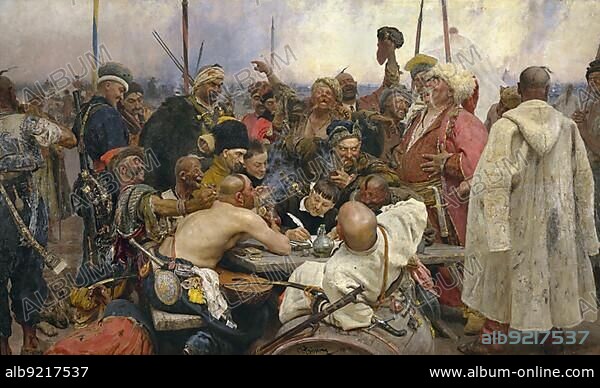 The Zaporozhian Cossacks write a letter to the Turkish Sultan, painting by Ilya Repin, 1891, Historical, digitally restored reproduction of a 19th century original, exact date unknown.