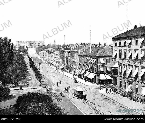 Oslo formerly Christiania, capital of Norway, Karl Johann Street, Karl Johans Gata, 19th century royal palace, shops, shopping, Grand Hotel, tracks, horse-drawn carriage, public transport, horse-drawn carriage, lanterns, park, people, historical illustration c. 1898.
