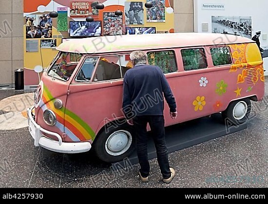 Hippie movement with painted VW bus, House of History, Bonn, North Rhine-Westphalia, Germany, Europe.